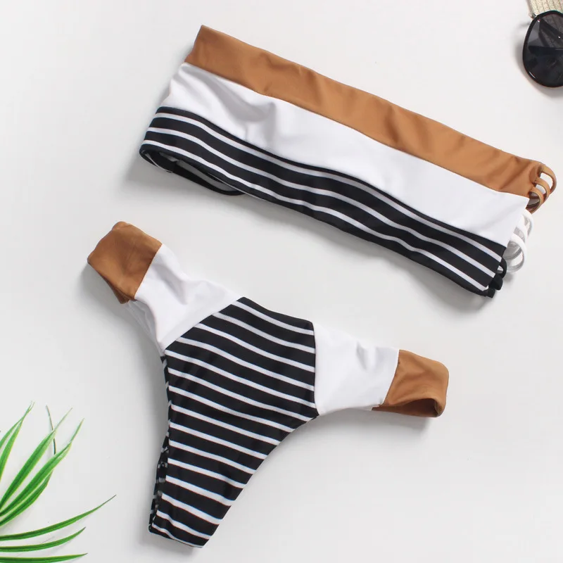 Strapless Bikini 2020 Mujer Swimwear Women Sexy Bathing Suit Two Piece Cut Out Top Striped Bandeau Swimsuit Push Up Biquini S-XL