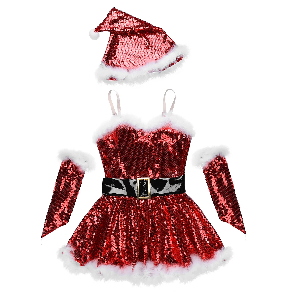 ChicTry Girls Sequined Figure Skating Dress Tutu Ballet Leotard Set Kids Christmas Holiday Santa Stage Performance Dance Costume