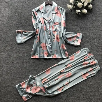 

Season 2020 Women's Pajamas Long-sleeved Silk Home Clothes Cardigan Lapel Silk-like Printed Pajamas