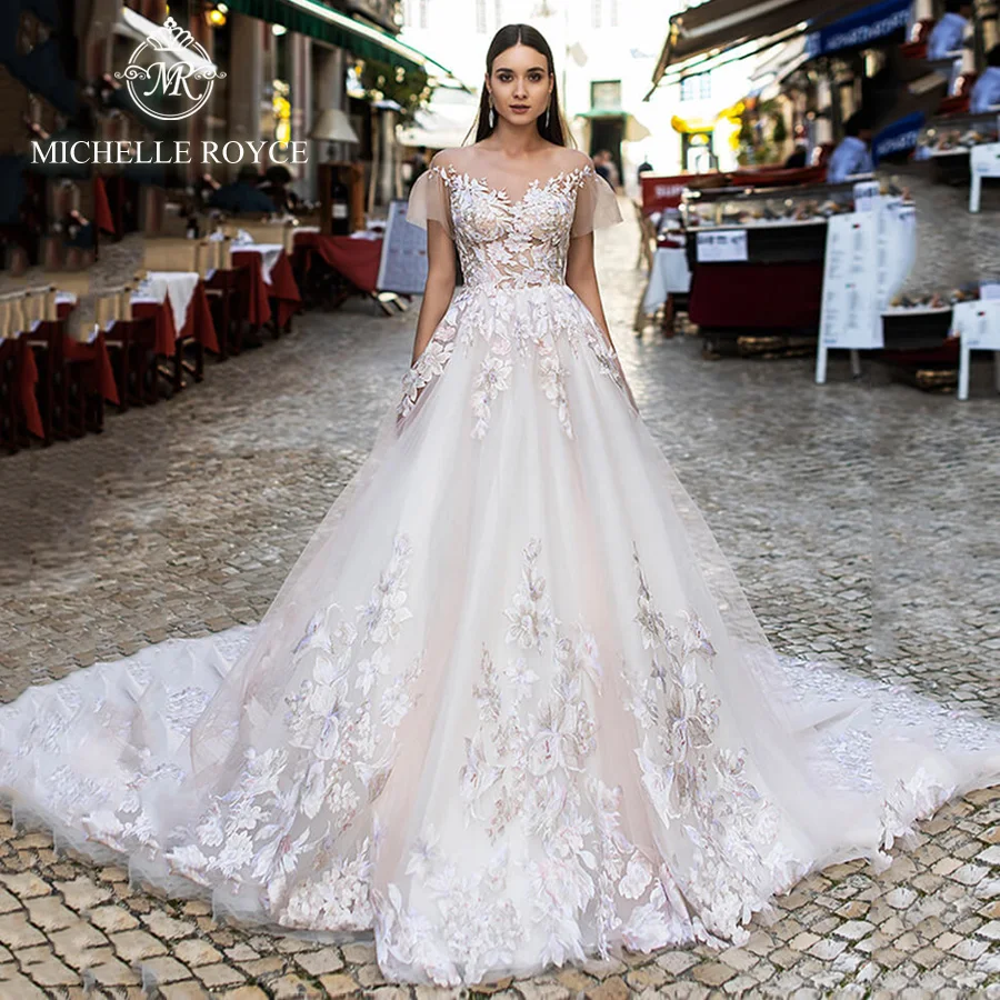 

Michelle Royce V-neckline A-Line Wedding Dresses 2024 Appliques Flowers Lace Backless Court Train Wedding Gown Vestido De Novia