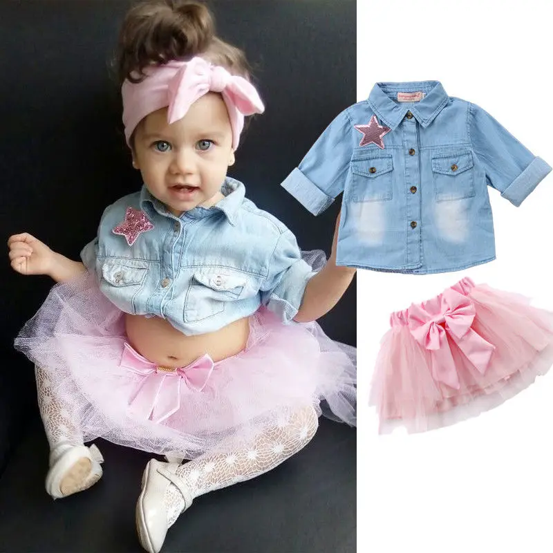  Pudcoco Girl Set Kid Baby Girls Denim Tops T-shirt Shirt + Lace Bowknot Skirt Fall Outfits 1Y-6Y