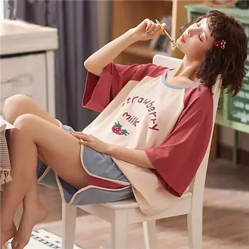 

Girls pajamas set women Lovley cartoon short-sleeve T-shirt+cropped Shorts two-piece suit fashion home clothing Top Quality