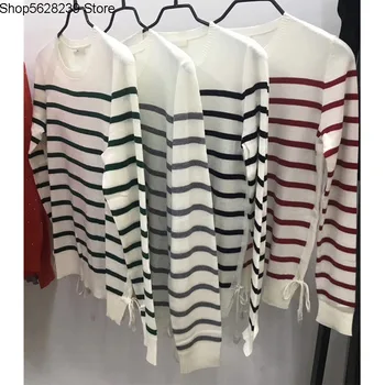 

Classic Foreign Style Contrast Color Stripes Knitting Shirt 2020 Autumn Hem Lace Design Pullover Sweater Top