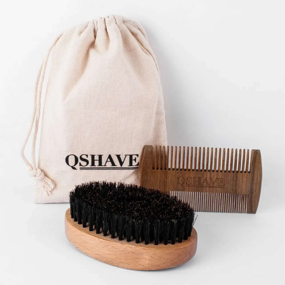 QSHAVE, натуральная щетина кабана, щетка для бритья бороды, усы, Мужская щетка для бороды, инструмент для ухода за бородой, 10,8 см, 1 щетка и 1 расческа