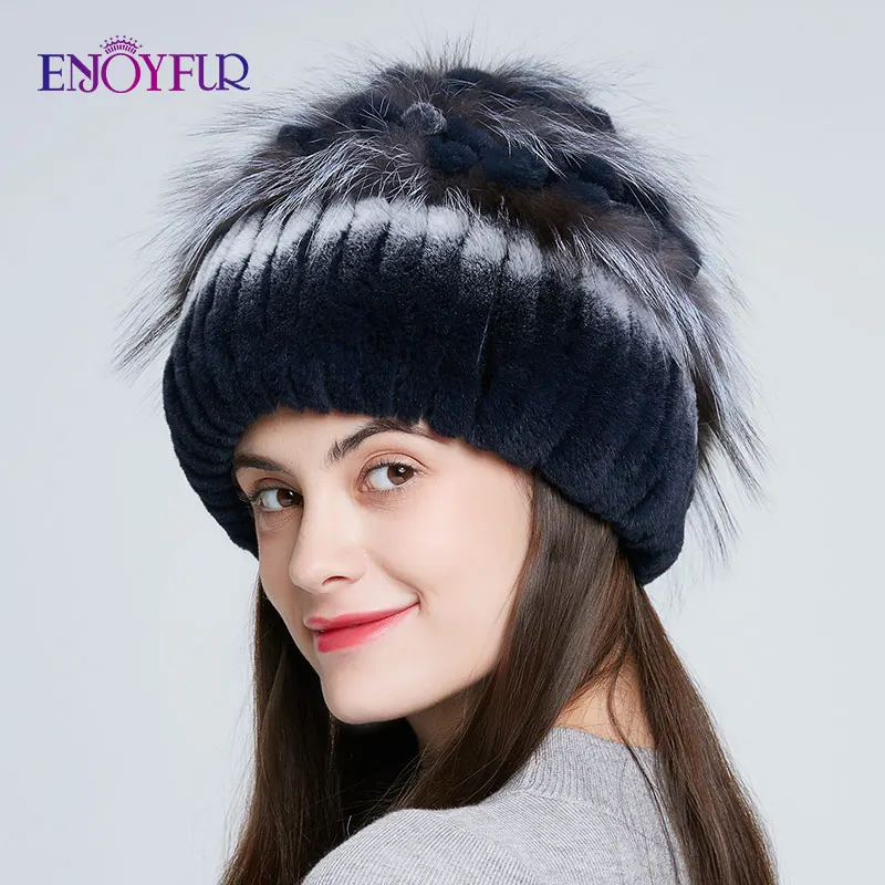 

ENJOYFUR Rex rabbit fur hats for women winter silver fox fur and rabbit fur knitted caps fashion flower warm fur beanies