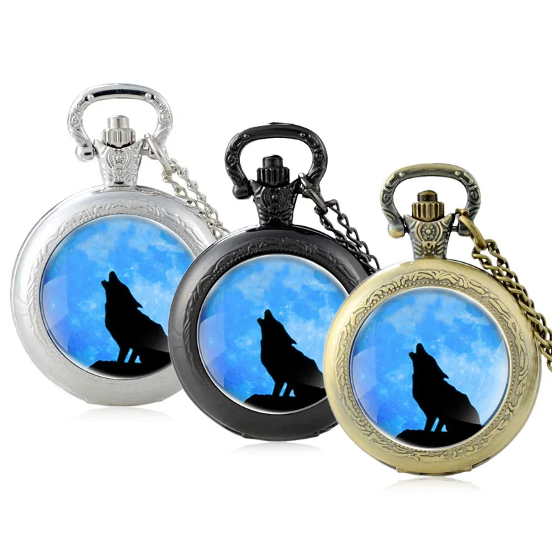 

New Arrivals Howling Wolf Design Glass Cabochon Quartz Pocket Watch Vintage Men Women Pendant Necklace Chain Clock