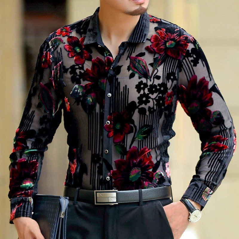 Men Club Party New DJ Prom Shirt Short Sleeve Chemise Homme Transparent Flower Velvet Shirt Men See Through Lace casual short sleeved shirt,short sleeved shirt,men mesh shirts,men party shirt