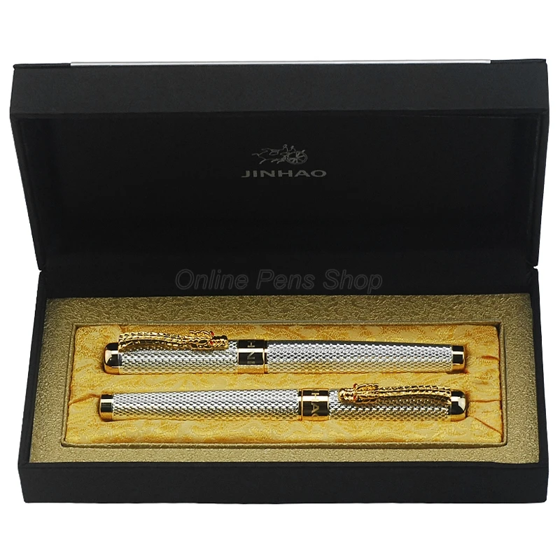 Jinhao 1200 Ancient Fountain Pen & Roller Ball Pen Exquisite Ripple With Dragon Clip, Silver Metal Carving With Gift Box Set jinhao ancient bronze metal fountain pen holder roller pen display stand pencil case pen bag 3d embossed fit collection gift