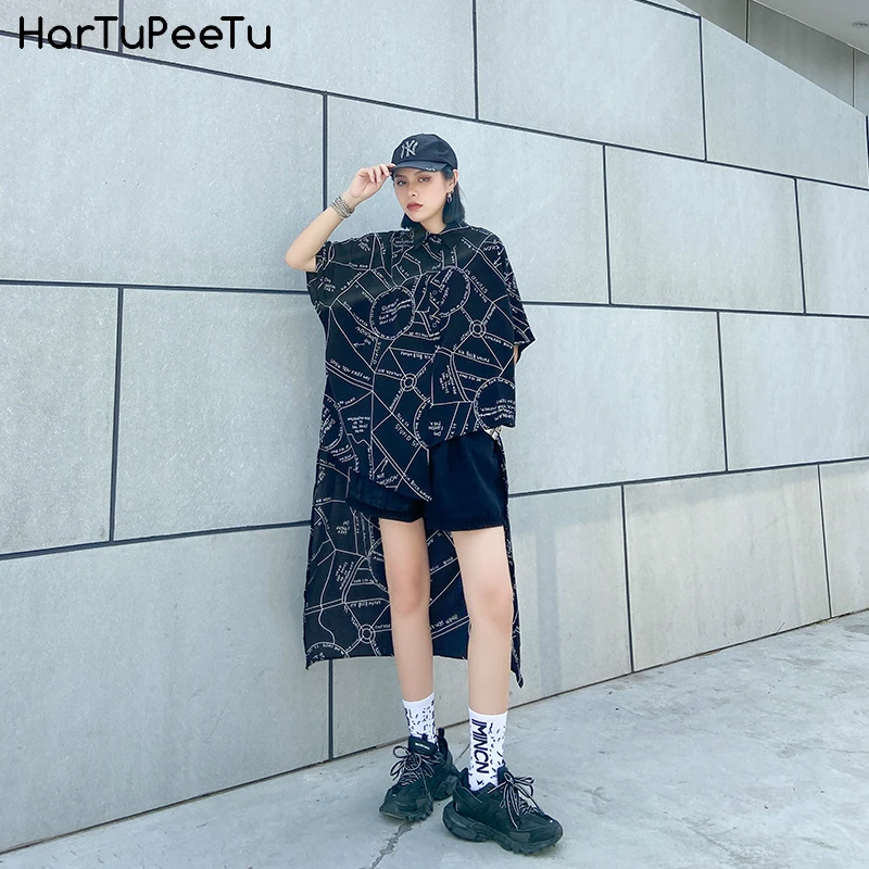 

Irregular Summer Blouse for Women 2020 Plus Size Loose Casual Stylish Shirt Front Short Back Long Geometry Map Print Long Tops