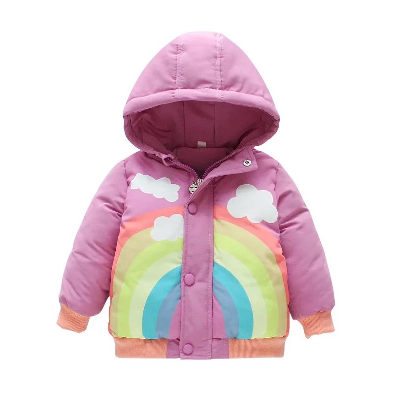 Зимняя куртка с хлопковой подкладкой для девочек,, зимняя утепленная уличная одежда с радужным принтом