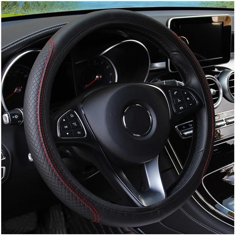 HITWH универсальный чехол рулевого колеса автомобиля Skidproof авто чехол рулевого колеса против скольжения тиснение кожа автомобиля-Стайлинг - Название цвета: Black red