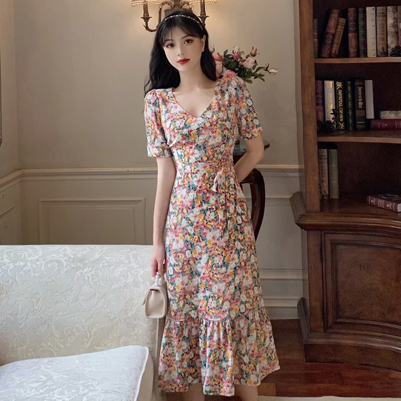 First love floral skirt long closed waist cultivate one's morality show thin chiffon v-neck fairy summer dress | Женская одежда