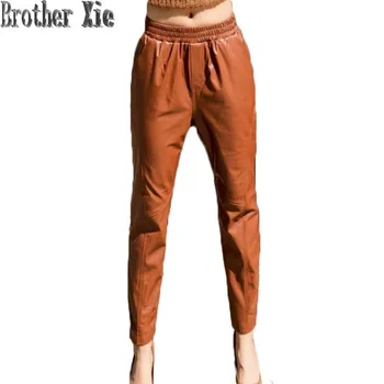 

Large Size Sheepskin Women Genuine Leather Pants New Ankle-Length Pencil Pants Elastic Waist Luxury Real Leather Trousers Lady