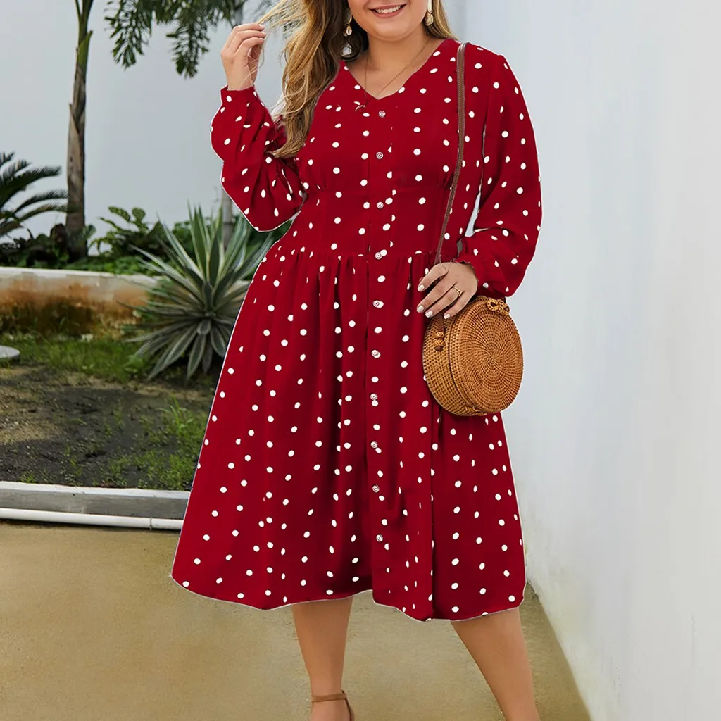 

Winter Boho Dot printing plus dress women Sexy V-Neck Buttons long Sleeve casual dresses female maxi sundress ladies vestido 909