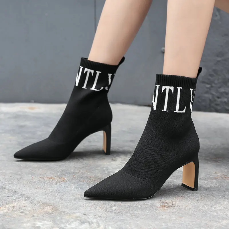 

2019 New Sock Boots Women Stretch Knitting Square High Heel Ankle Boots Fashion Black Pointed Toe Autumn Spring Ladies Shoes