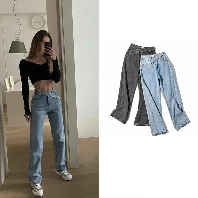 

Zoulv 2020 Casual All-match Wide-leg Pants Women's Trousers Spring and Autumn New Fashion Oblique Waist Stretch Jeans Trousers