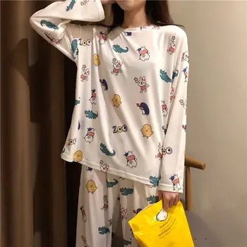 

Women Lovely Sweet Sleepwear Cute Cartoon Print Autumn Long Sleeve Pajama Set Cotton Top Long Pants Sleepwear