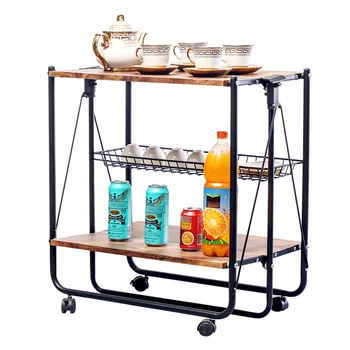 

Folding Rolling MDF Kitchen Island Trolley Cart Dining Storage Basket Steel Pipe Stand Kitchen Organizer Storage Holder Shelves