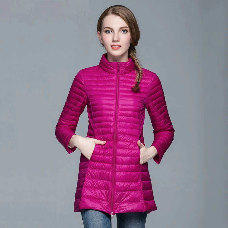 Women's Long Puffer Coat Stand Collar Slim 2021 Winter Down Jacket Women Office Ladies Solid Thin White Duck | Женская одежда