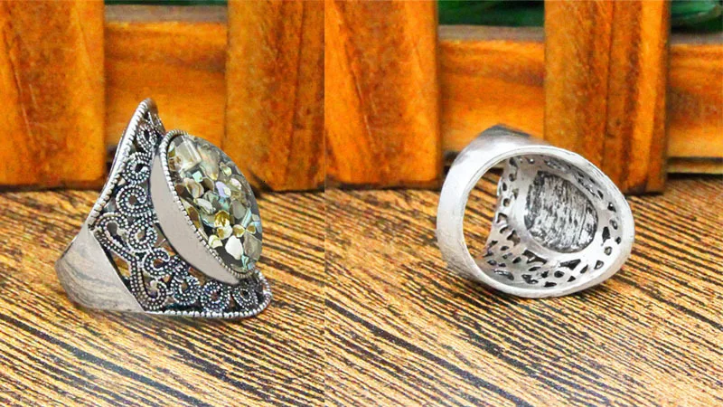 Oval Shell Bead Rings For Women Antique Silver Plated Flower Plant Fashion Jewelry TR683