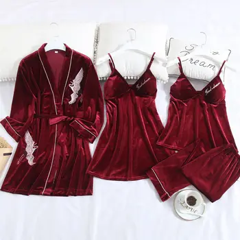

4PCS Nightwear Velour Home Clothing Intimate Lingerie Women Casual Velvet Sleep Set Pajamas Suit Burgundy Autumn New Homewear
