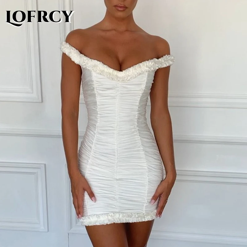 

Sexy Sleeveless Off Shoulder Ruched Solid Mini Dress White Women Ruffles Backless Slim Pencil Dress Bodycon Birthday Party Dress
