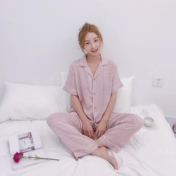 

2020 Summer Pink Color Short-Sleeved Long Trousers Plaid Female Pajama Shorts Cotton Two-Piece Set Women Pajamas Sleepwear