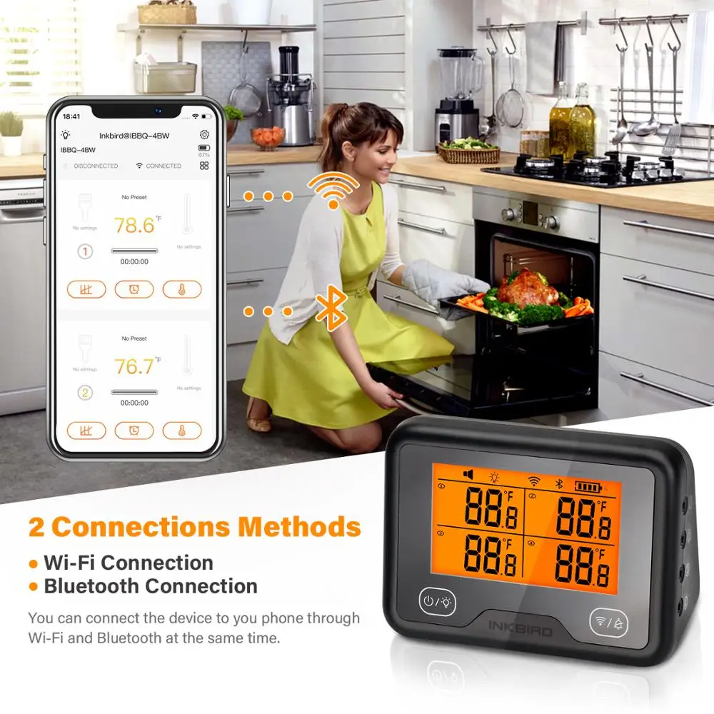 Inkbird Digital Meat Thermometer IBBQ-4BW BBQ Kitchen Utensil Cooking with Graph Alarm for Grill Smoker Oven via Wi-Fi Bluetooth
