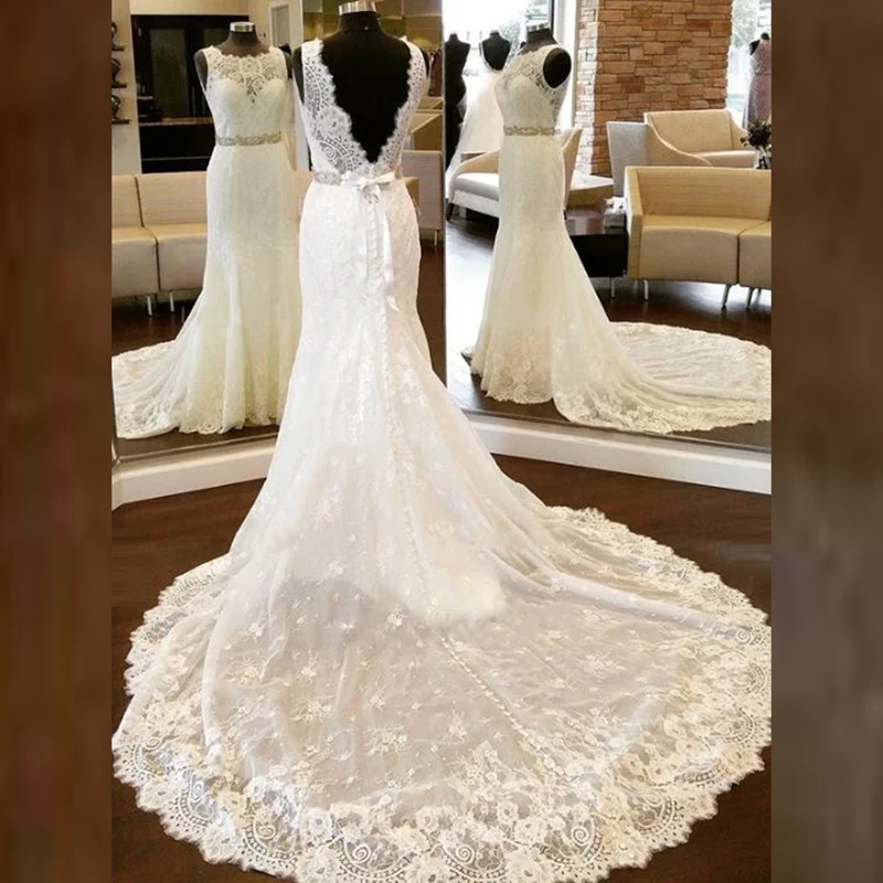

High Fashion Real Sample Mermaid Lace Bridal Wedding Dresses Backless Jewel Neck Wedding Gowns for Bride Sleeveless Beaded Belt