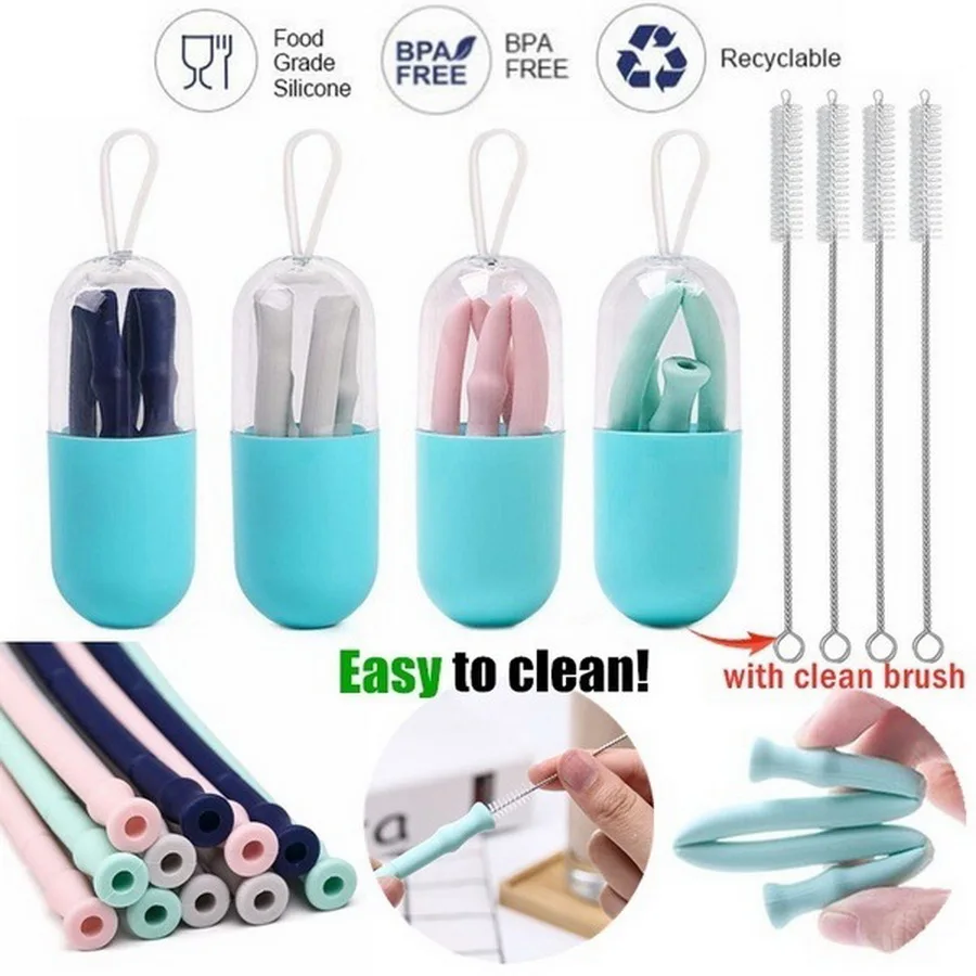 

DHL 200pcs Reusable Folding Drinking Straws Collapsible Silicone Straw With Carrying Case And Cleaning Brush Travel Bar Tools