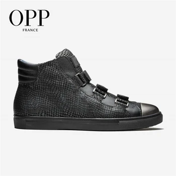 

OPP 2020 Snakeskin Men Shoes Ankle Boots Men Punk Metal Rivet High Top Men Boots Genuine Leather Sneakers Hook&Loop Shoes