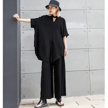 

XUXI 2 Piece Set Women 2020 Summer New Retro Age-reducing Slim Casual Casual Fashion Shirt Wide-leg Pants Two-piece Suit FZ1526