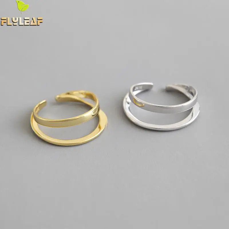 

Flyleaf Minimalist Double Layer Line Glossy Gold Real 925 Sterling Silver Rings For Women Fine Jewelry Open Ring High Quality