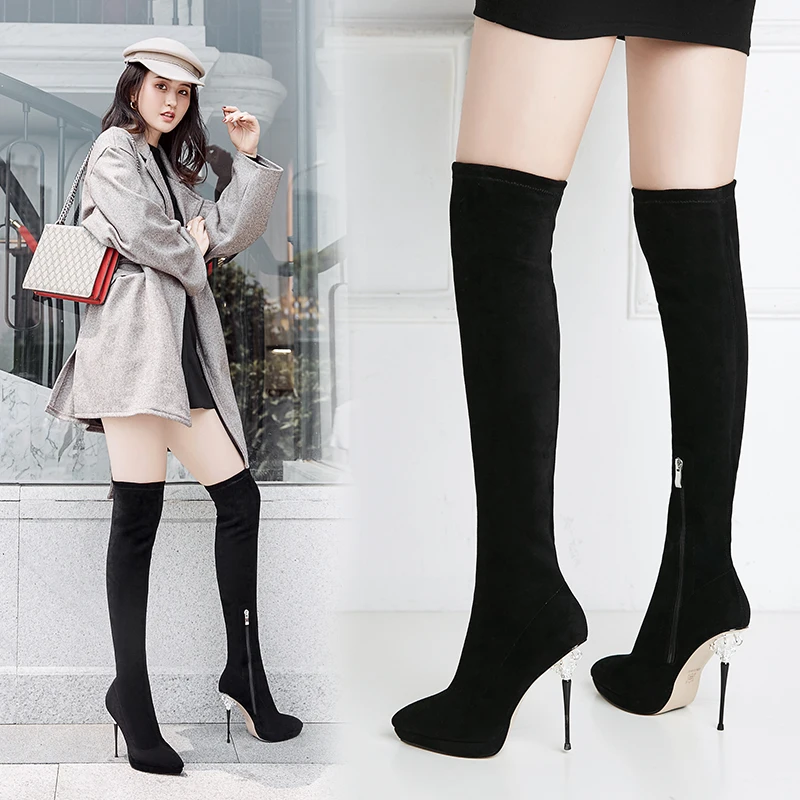 

overknee boots pointed toe flower Fine heel super high heel genuine leather high boots elastic black fashion Popular new woman