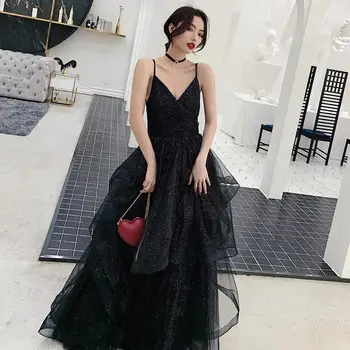 

Fashion Spaghetti Strap Evening Dresses New The Sexy V-neck Sequin Evening Dress Black Formal Party Prom Evening Gown