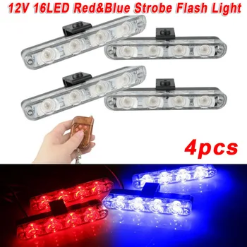 

4 LED Red & Blue Strobe Flash Light Dash Warning Lamp+ Wireless Remote Control