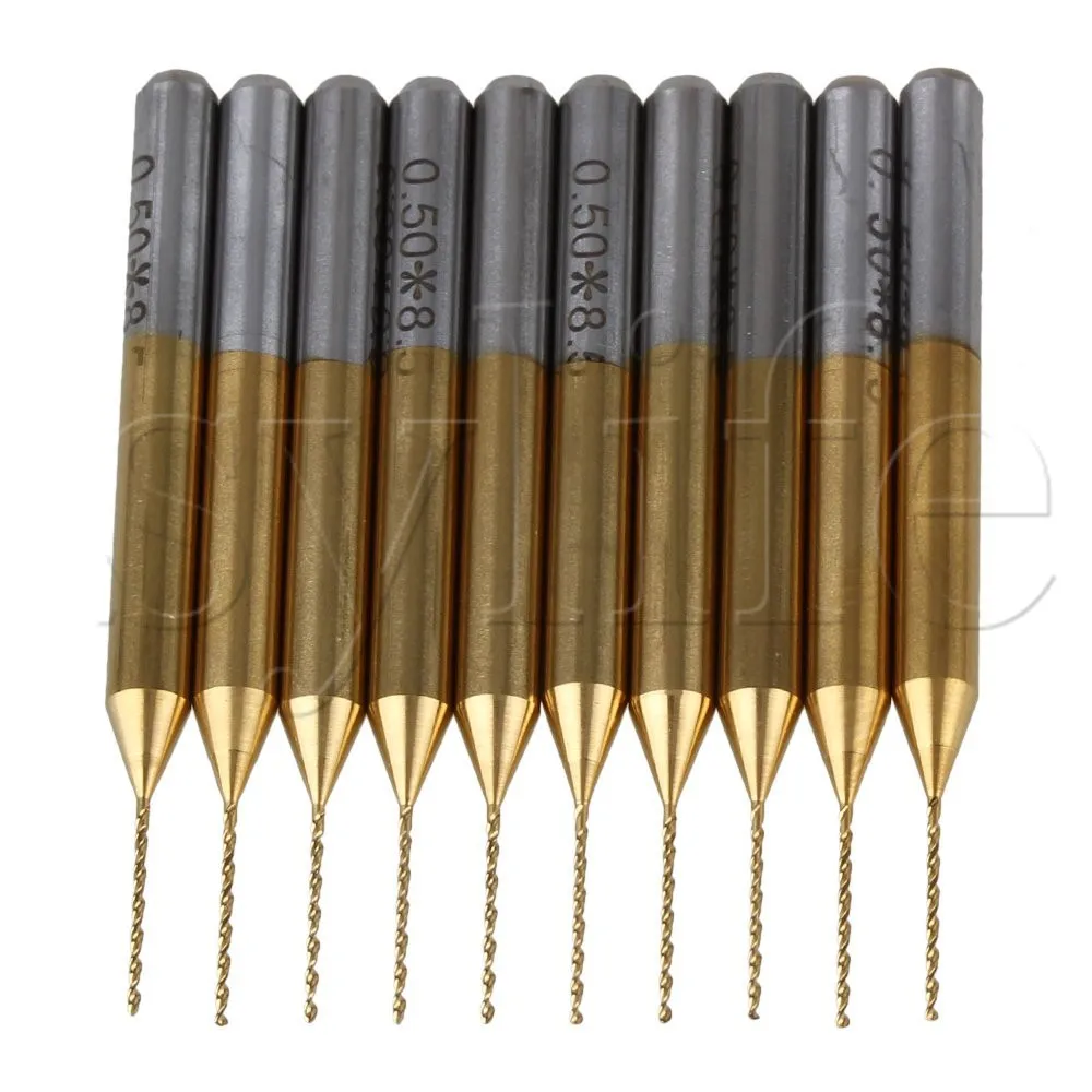 

10pcs Titanium Coated Carbide Micro Drill Bit PCB End Mill With 1/8" Shank 0.5mm