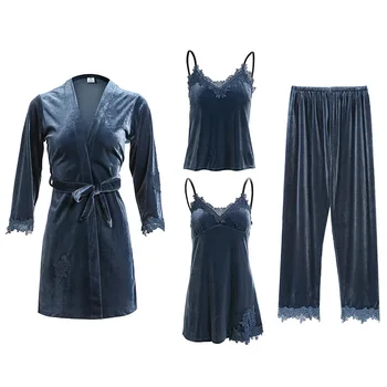 

Velvet Lace Nightgown Kimono Bathrobe Gown Women 4PCS Pajamas Suit Sleepwear Nightdress Velour Intimate Lingerie Home Clothes