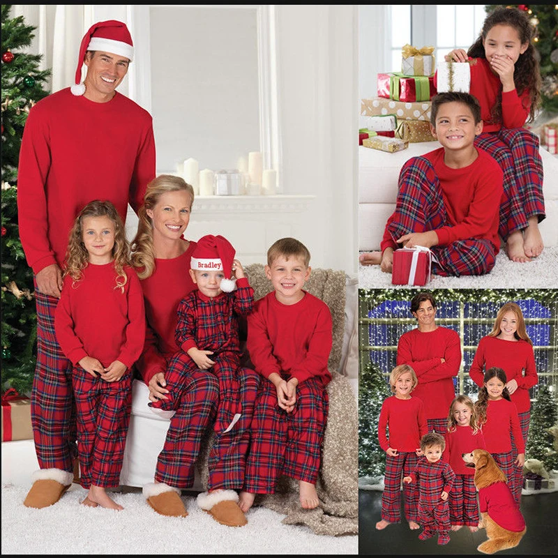 

2023 Christmas Matching Family Outfits Father Mother Daughter Baby Nightwear Clothes Red Tops+Plaid Pants and Romper Family Look