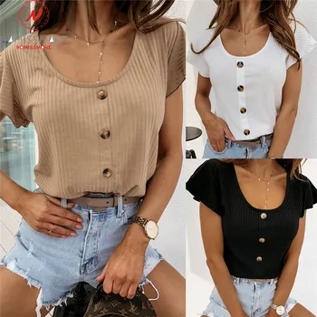 

Elegant Women Summer Solid Color T-Shirts Button Ruffles Decor O-Neck Flare Sleeve Office Lady Slim Pullovers Top