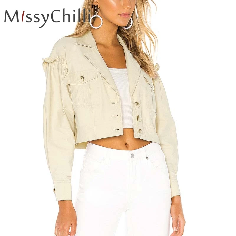 

MissyChilli Apricot ruffle short coat autumn Women long sleeve casual button thin jacket Winter soft female basic jacket