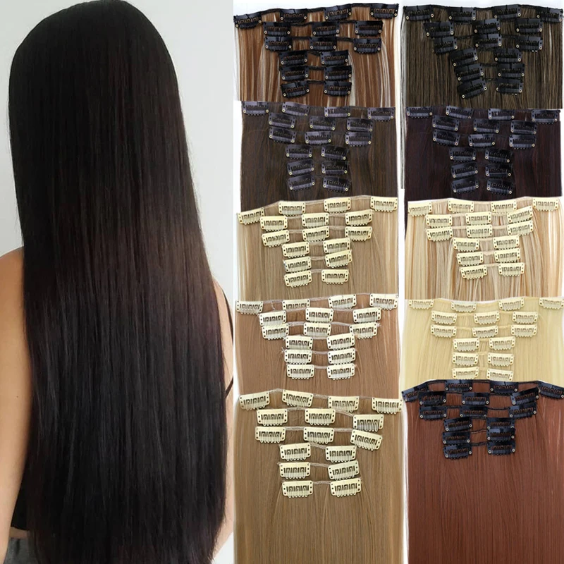 

MUMUPI 22"Synthetic Long Straight Hair Heat Resistant Light Brown Gray Blond Thick Women Hair Extension Set Clip In Ombre Hair