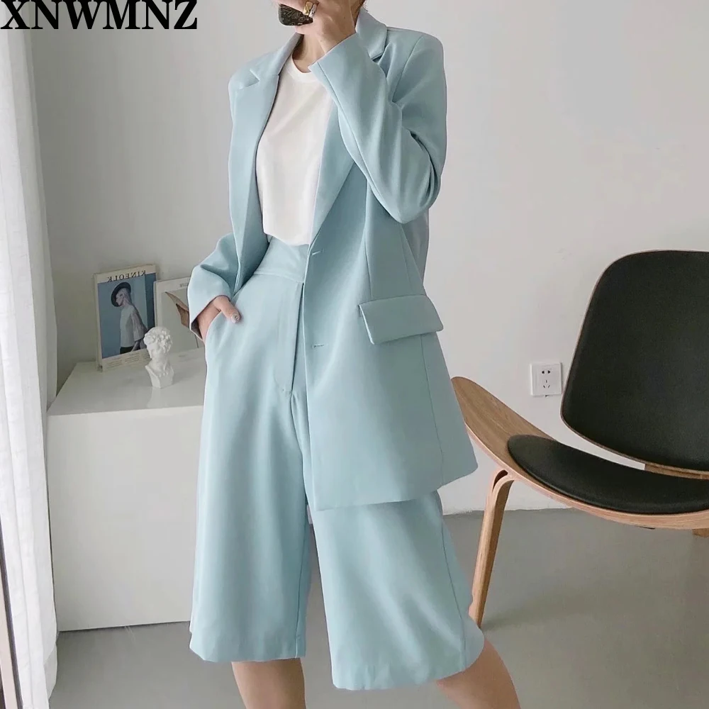 Fashion wild pocket solid color suit jacket or high waist was thin and simple wide leg shorts two-piece suit female XNWMNZ