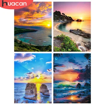 

HUACAN Full Square Diamond Painting Sunset 5D Seaside Diamond Embroidery Mosaic Landscape Home Decoration