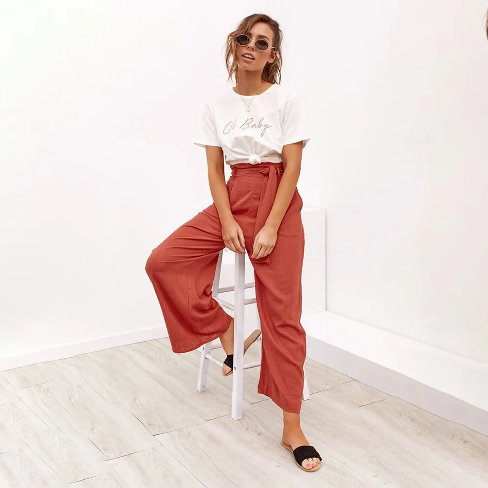 

New fashion Women's Cross-border Explosive Four-color Strap-on Broad-legged Spring And Summer Casual Trousers