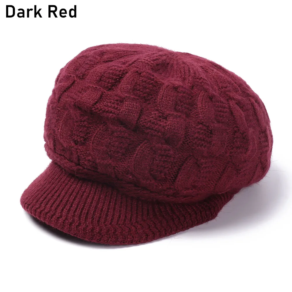 dark red Модная женская зимняя вязаная шапка, утолщенная, теплая, козырьки, карамельный цвет, мягкая, плюс бархат, остроконечная шапочка, шапка для девочек, Повседневный, изящный берет - Цвет: dark red