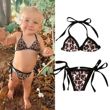 

CANIS Toddler Baby Girls Swimwear Leopard print Bandage Swimsuit 2PCS Bikini Set Beachwear