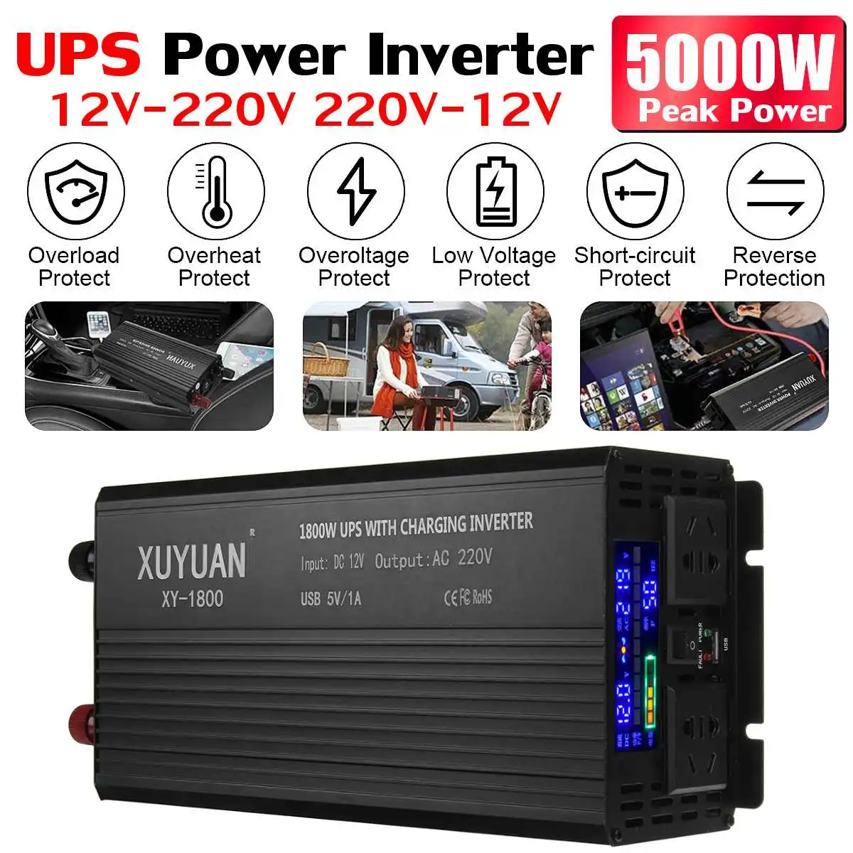 

5000W Car Inverter 12V 220V P eak UPS Voltage transformer Sine Wave LCD Display 12V to 220V Solar Power Inverter for car truck