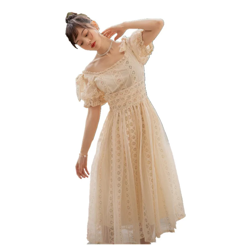 

Elegant Off Shoulder Apricot Dress Long Summer Dress Court style Short Sleeve Lace Dress Women