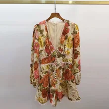 Top Quality Floral Print Playsuits 2020 Spring Summer Hollow Out Lace Patchwork V-neck Lantern Sleeve Holiday Style Overalls